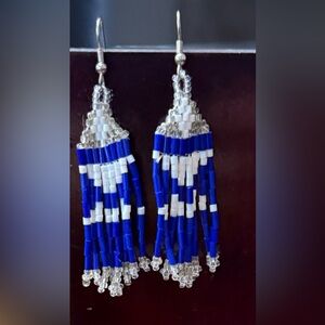 NWOT Beaded Earrings Blue & White. Figure of a dancer (white) dress (blue)